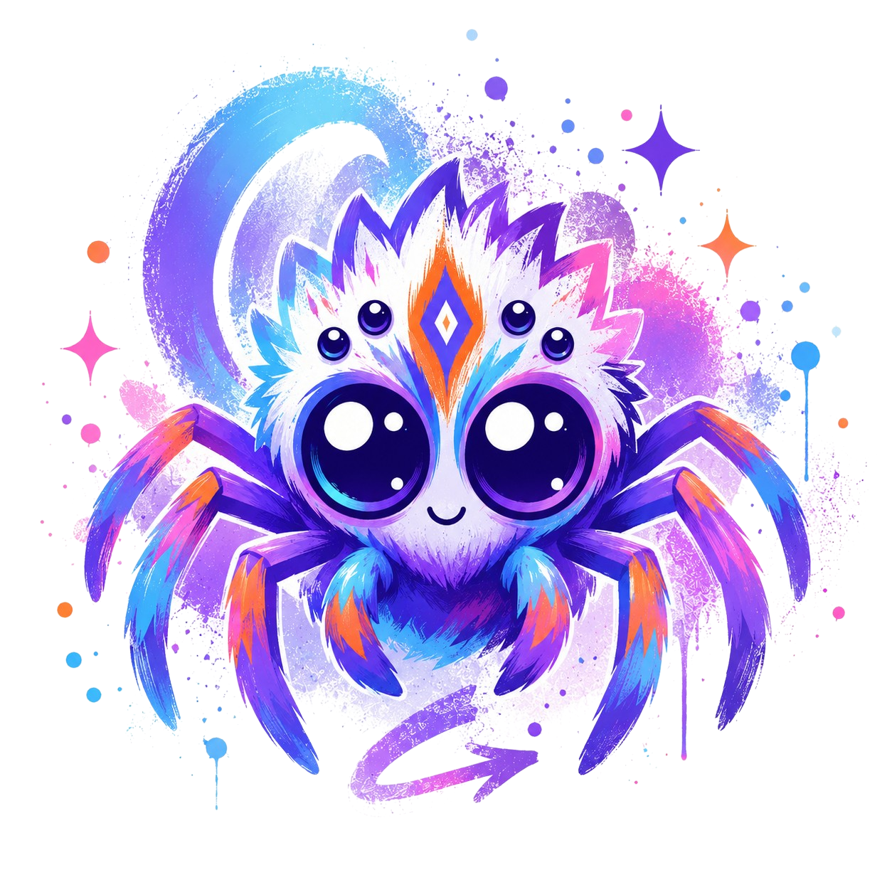 Sparklemuffin, a friendly peacock-spider mascot